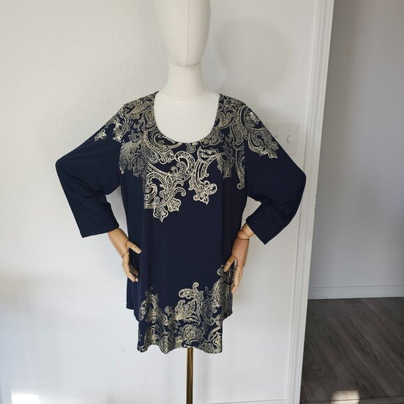 JM Collection - Dark Blue with Gold Foiled Decoration Evening Blouse - Picture 1 of 5